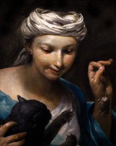 Kleines Mädchen spielt mit einer Katze und einer toten Maus (Detail) von Giuseppe Maria (1665-1747) Crespi