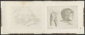 Hånd med en trepinne og hode til en gutt Tegningseksempler (serietittel) Mitelli intaglio (serietittel) av Giuseppe Maria Mitelli
