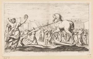 Paard van Troje wordt binnengehaald Scandit equus ruptos Fatalis machina muros (title on object) Omzwervingen van Aeneas (series title) L