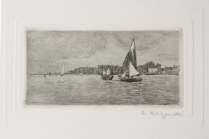 Båter i lagunen (radering på hvitt papir)