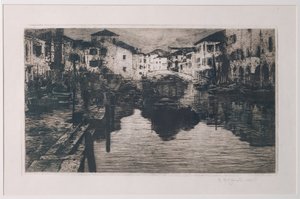 Fiskemarkedskanalen i Chioggia (radering på hvitt papir)