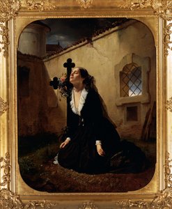 Beklagende tap av kjære eller kone til oberst Manara ved graven til mannen hennes, av Giuseppe Molteni (1800-1867), olje på lerret
