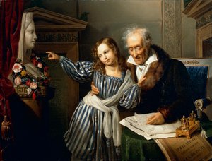Gammel mann som peker ut Maria Luigias Herm til barnebarnet sitt, av Giuseppe Molteni, cirka 1830, olje på lerret