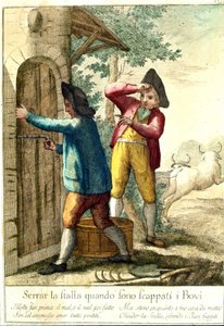 "Det er ingen vits i å stenge stallen når hestene har rømt." Gravering fra 1700-tallet som illustrerer en rekke ordtak. Giuseppe Piattoli (1740/50-1818) av Giuseppe Piattoli