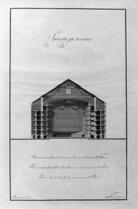 Arkitektonisk cup of the Theatre of La Scala av Giuseppe Piermarini (1734-1808) rundt 1776-1778 Milano, Italia (Arkitektur utskåret tegning av teater alla Scala av Piermarini, Milano, Italia) Gravering av Giuseppe Piermarini