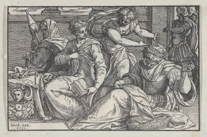 Lucretia instruerte døtrene sine i håndarbeid, 1557. av Giuseppe Porta