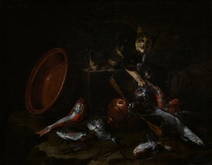 En katt som stjeler fisk, sent på 1660-tallet.