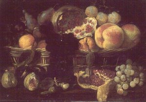 En kurv med frukt og en tallerken med frukt av Giuseppe Recco