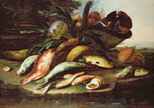 Stilleben med død fisk og vilt (olje på lerret)