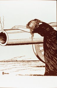 Første verdenskrig: en allegori om krig, en kvinne, sannsynligvis enke, i fortvilelse, er avhengig av en fortsatt rykende kanon. Plakat av Giuseppe Scalarini (1873-1948) 1914 Privat samling OBS! Bruken av dette verket kan være underlagt en forespørsel om a av Giuseppe Scalarini