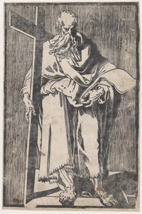 Saint Philip står og holder en bok og et kors, ca. 1590-1600.