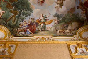 Representasjoner av myten om Diana, av Domenico og Giuseppe Valeriani, freskomaleri, hvelvet tak på soverommet, Kongens leilighet, Jaktbolig, av Filippo Juvarra (1678-1736), Stupinigi, Piemonte, Italia av Giuseppe and Valeriani Domenico Valeriani