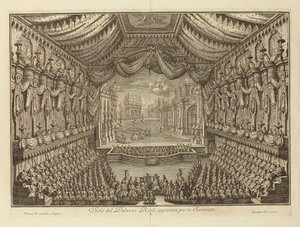 Fremførelsen av La Serenata i det kongelige palasset i Napoli par Vasi, Giuseppe (1710-1782). Kobbergravering, størrelse: 41,5x62