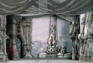 Plass foran katedralen i Valladolid, akt III, scene IV, scenografi av Charles Campon for Don Carlos av Giuseppe Verdi (1813-1901), forestilling i Paris, operahuset Salle Le Peletier, 11. mars av Giuseppe Verdi
