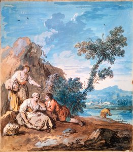 Tre bønder hviler på en elvebredd, c1750.