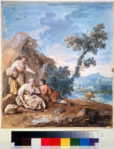 Tre bønder hviler på en elvebredd. Maleri av Giuseppe Zais (1709-1784). Akvarell på papir, 29,5 x 26,2 cm, ca 1750. Venetiansk skole, italiensk maleri 1700-tallet. Pushkin kunstmuseum,