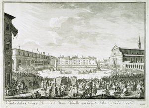 Festen for Corsa dei Cocchi på torget til kirken Santa Maria Novella i Firenze. Tegning av Giuseppe Zocchi (1711-1767). Firenze, Biblioteca Riccardiana. av Giuseppe Zocchi
