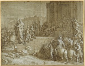 Legenden om syv konger som hyller en pave (penn og brunt blekk med vask og hvit kroppsfarge på carta azzurra) av Giuseppe della Porta Salviati