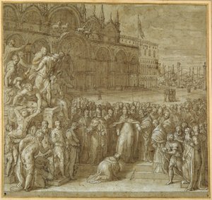 Forsoningen mellom pave Alexander III og Frederick Barbarossa, i nærvær av Doge Sebastiano Ziani (penn og brunt blekk med brun vask og forhøyning) av Giuseppe della Porta Salviati