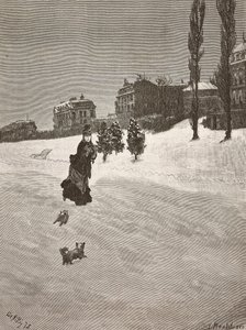 Det er kaldt!, kvinne som går i snøen, gravering fra et maleri av Giuseppe De Nittis, tegning av Montefusco, L'Illustrazione Italiana, nr. 60, 17. desember av Giuseppe or Joseph de Nittis