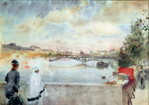 Bredden av Seine To kvinner som sitter på en bro i Paris ser mot elven, til høyre bokmakerne av bryggene. Akvarell av Giuseppe De Nittis (1846-1884) 1875 Galleria d