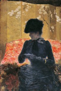 Kvinne på rød sofa av Giuseppe or Joseph de Nittis