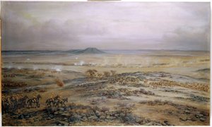 Angrepet på Cronjes styrke ved Vedute Drift nær Paardeberg, 1900 av Godfrey Douglas Giles