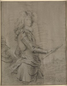 Trekvart portrett av en kommandant i rustning og med en stav i høyre hånd. I bakgrunnen et landskap med en by av Godfrey Kneller