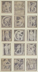 A-M, design for tretten bokstaver for alfabetet for South Kensington Museum, 1864 (blyant og grå vask)
