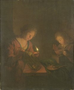 Ild og lys (En jente setter et stearinlys i en lykt og en gutt blåser på kullene i en gnagskål) av Godfried Schalcken (attributed to)