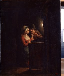 En mann og en kvinne ved levende lys. Maleri av Godfried Cornelisz Schalcken (1643-1706). Olje på lerret, 31 x 25 cm. Nederlandsk kunst, barokkkunst. State Open Air Museum Palace Gatchina, St. Petersburg.