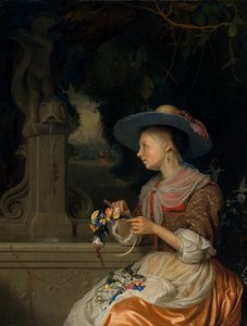 Kvinne som vever en krone av blomster, ca. 16751680.