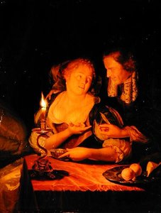En gentleman som tilbyr en dame en ring (olje på panel) av Godfried Schalcken