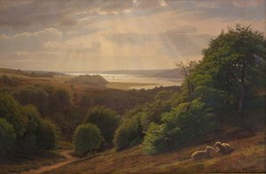 Utsikt fra Vesterskov ved Mariager; i bakgrunnen fjorden