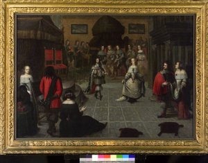 Karl II av England (1630–1685) danser i Haag (Nederland), mai 1660, sannsynligvis med sin niese Elizabeth van de Paltz (1616–1680), under seremonien som ble holdt for å gjenopprette hans tittel som konge av England.