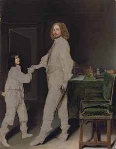 Portrett av en mann, i full lengde, som gir et brev til en gutt, i et interiør