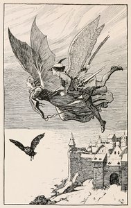 Reisefølget fløy bak henne, fra Fairy Tales from Hans Anderson, pub 1919. av Gordon Browne