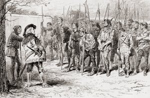 En scene fra William Shakespeares skuespill Kong Henry IV, del 1, akt IV, scene 2, Falstaffs fillete regiment, fra The Works of William Shakespeare, utgitt 1896 av Gordon Frederick Browne