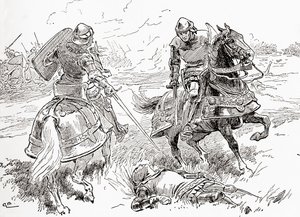 En scene fra William Shakespeares skuespill King Henry IV, Part 1, Act V, Scene 3, Earl of Douglas: Alls done, all won, here breathless lies the king, fra The Works of William Shakespeare, publisert 1896 av Gordon Frederick Browne