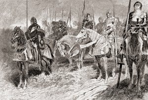 En scene fra William Shakespeares skuespill King Henry V, Act IV, Scene 2, Lord Grandpré: Rytterne sitter som faste lysestaker med fakkelstaver i hånden, fra The Works of William Shakespeare, pu av Gordon Frederick Browne