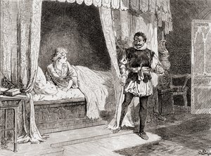 En scene fra William Shakespeares spiller Othello Act V, Scene 2, Desdemona: Talk you of killing? Othello: Ay I do, fra The Works of William Shakespeare, utgitt 1896 av Gordon Frederick Browne