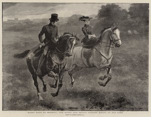 Glade dager i Windsor, dronningen og prinsgemalen sykler i parken av Gordon Frederick Browne