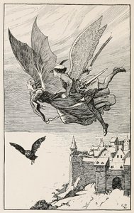 Reisefølget fløy bak henne, fra Fairy Tales from Hans Anderson, pub 1919 (gravering) av Gordon Frederick Browne