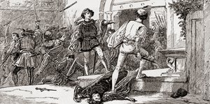 Tybalt drept av Romeo, scene fra William Shakespeares Romeo and Juliet, Act III, Scene 1, fra The Works of William Shakespeare, utgitt 1896