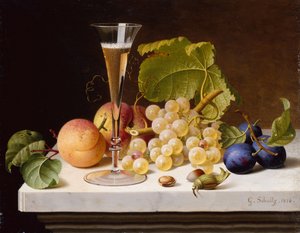 Druer, fersken, plommer, nøtter og et glass champagne på en marmorhylle av Gottfried Schultz