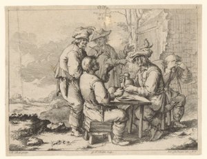 Fem bønder ved bordet i friluft Landlig kos (serietittel) av Gottlieb Friedrich Riedel