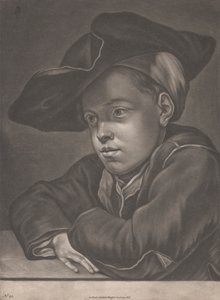 Gutt sitter ved et bord av Gottlieb Heiss