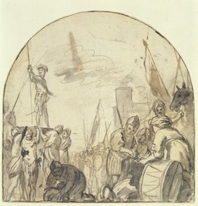 Brinio blir hevet på skjoldet sitt av krigerne (penn og pensel og blekk over blyant på papir) av Govaert Flinck