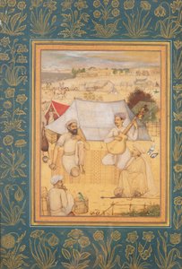 Musikere og sangere kneler i utkanten av en Mughal Camp. En yogi og en tjener Hør på dem, fra Minto-albumet, ca. 1630