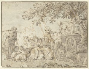 Bønder og storfe ved en gårdsvogn av Govert Dircksz. Camphuysen (possibly)